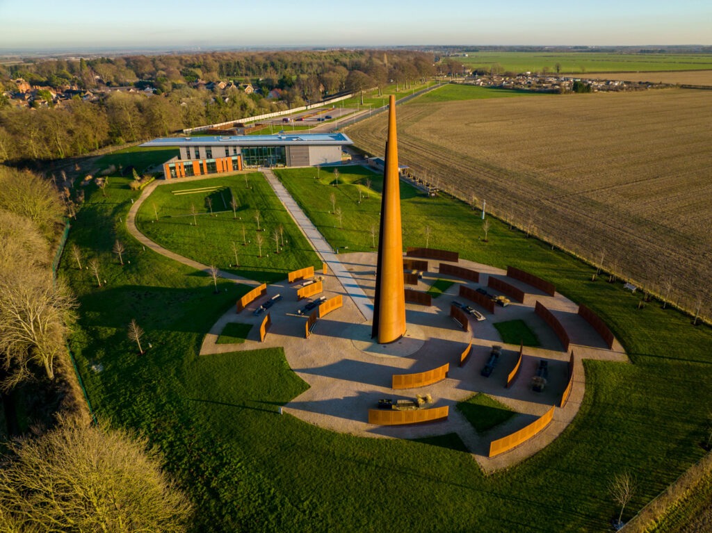 An aerial shot of the Spire and Chadwick Centre at the IBCC in colour