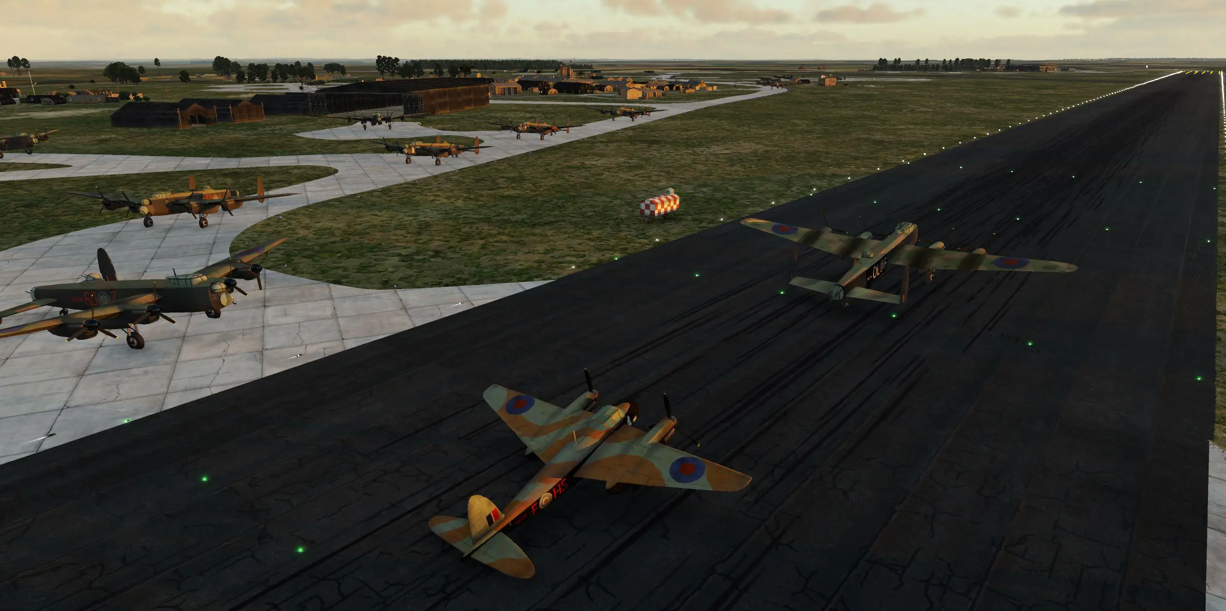 A CGI image of a wartime runway system with Lancaster Bomber aircraft.
