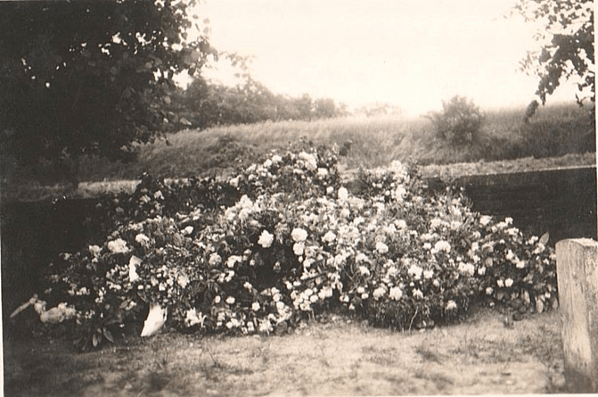 A black and white photo of a gravesite covered in flowers