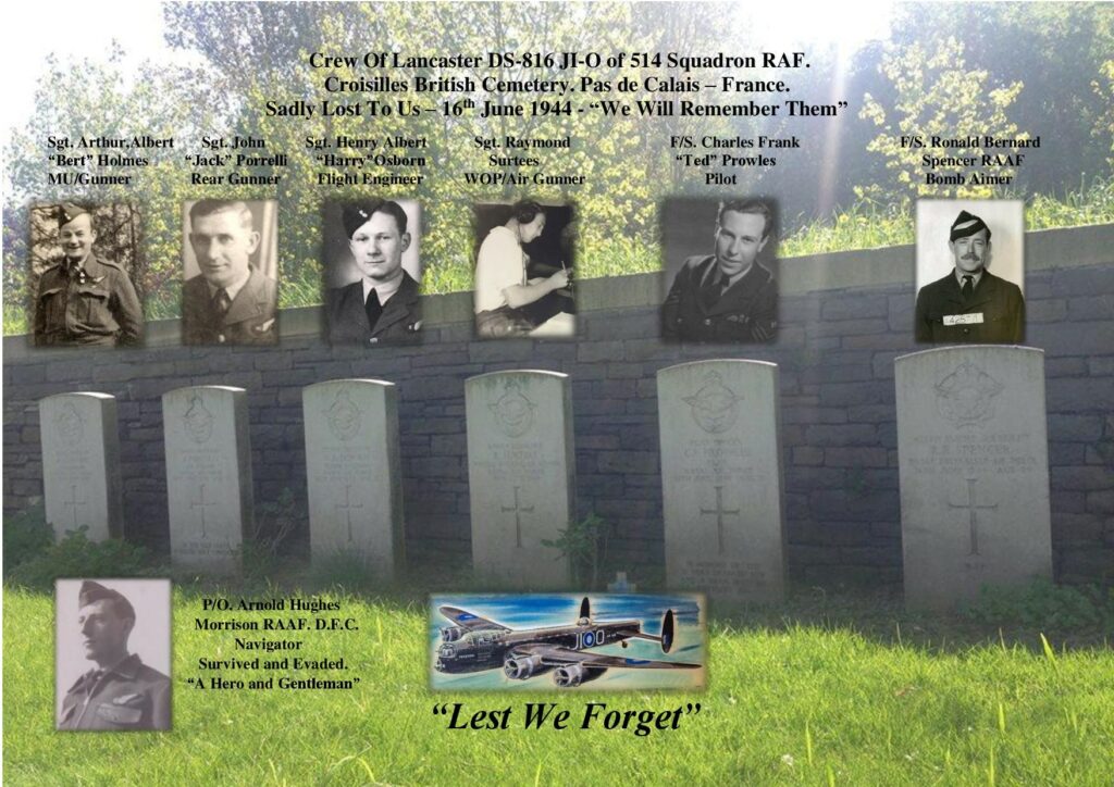 Prowles Crew - montage colour image of some gravestones with black and white inset photos of men in RAF uniform and a Lancaster Aircraft in clolour.
