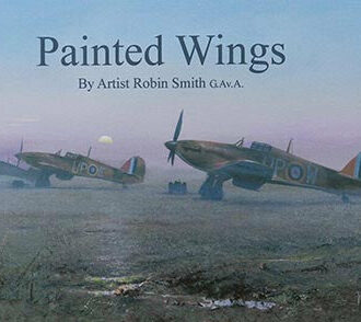 Book cover for Painted Wings featuring a misty landscape and three WW2 Spitfires