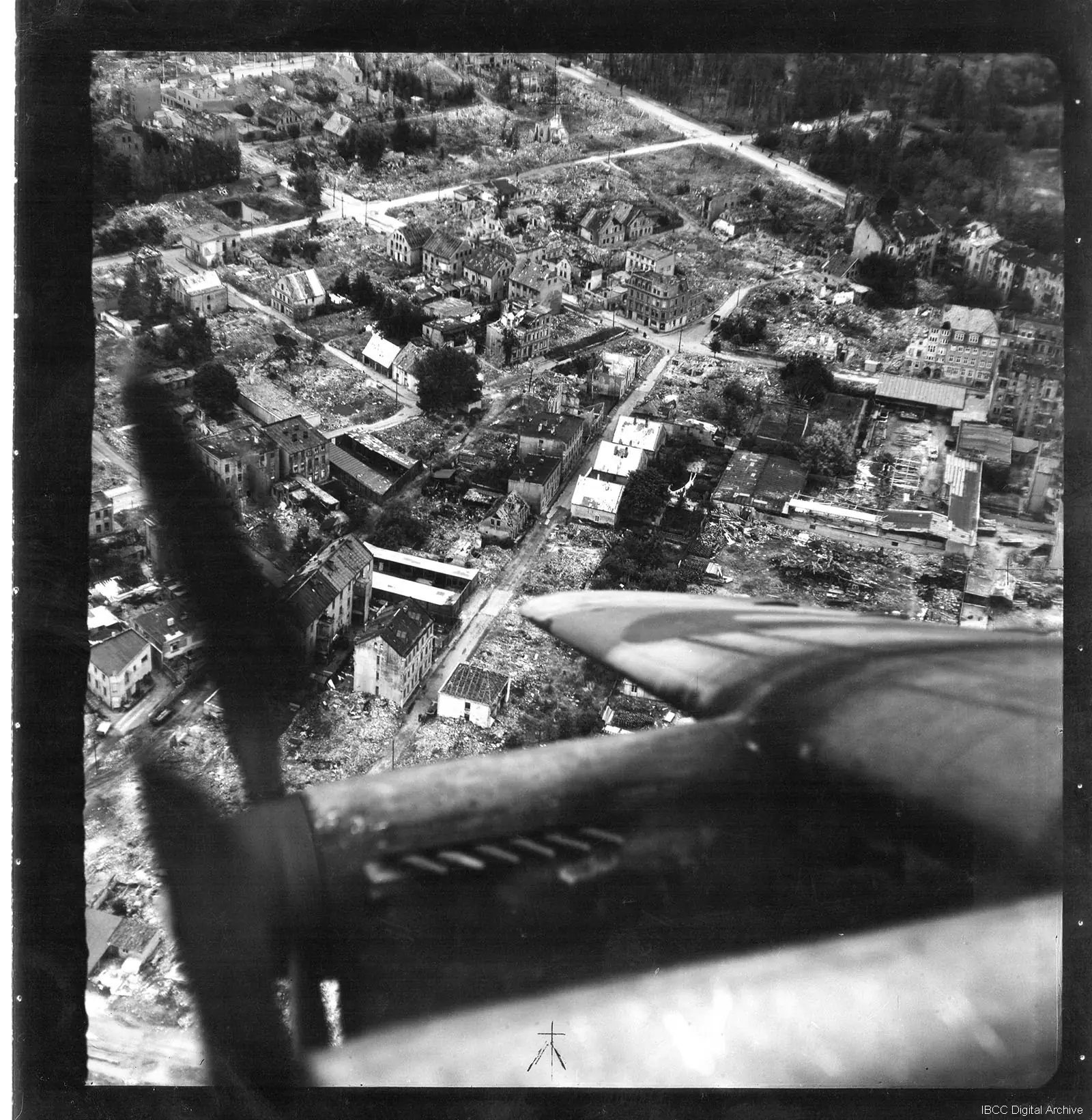 Ariel image of a bombed city in 1945 from a Lancaster bomber.
